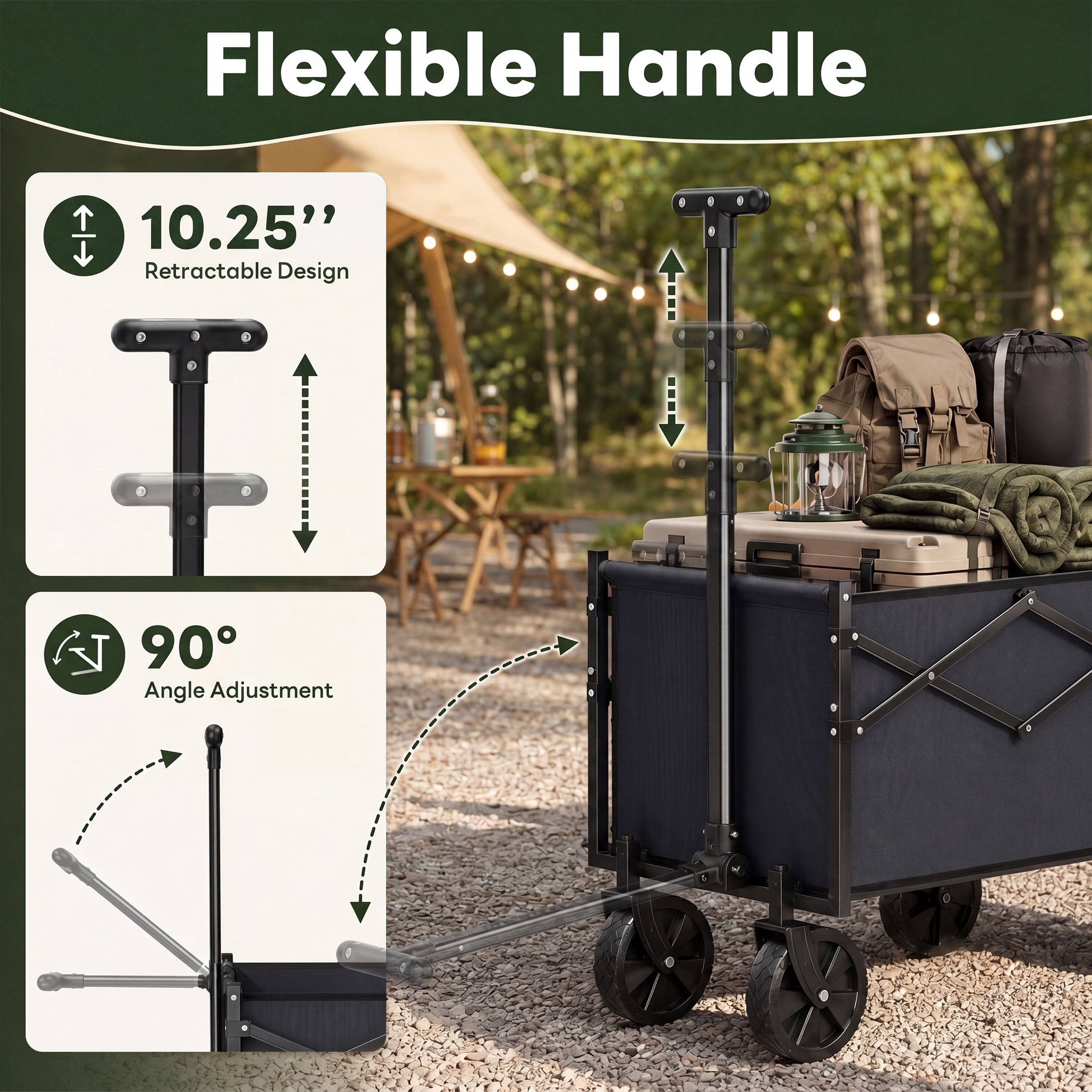 SHOUFTW Folding Wagon Cart, 220 lb Capacity Collapsible Utility Wagon with All-Terrain Wheels & Adjustable Handle, Black