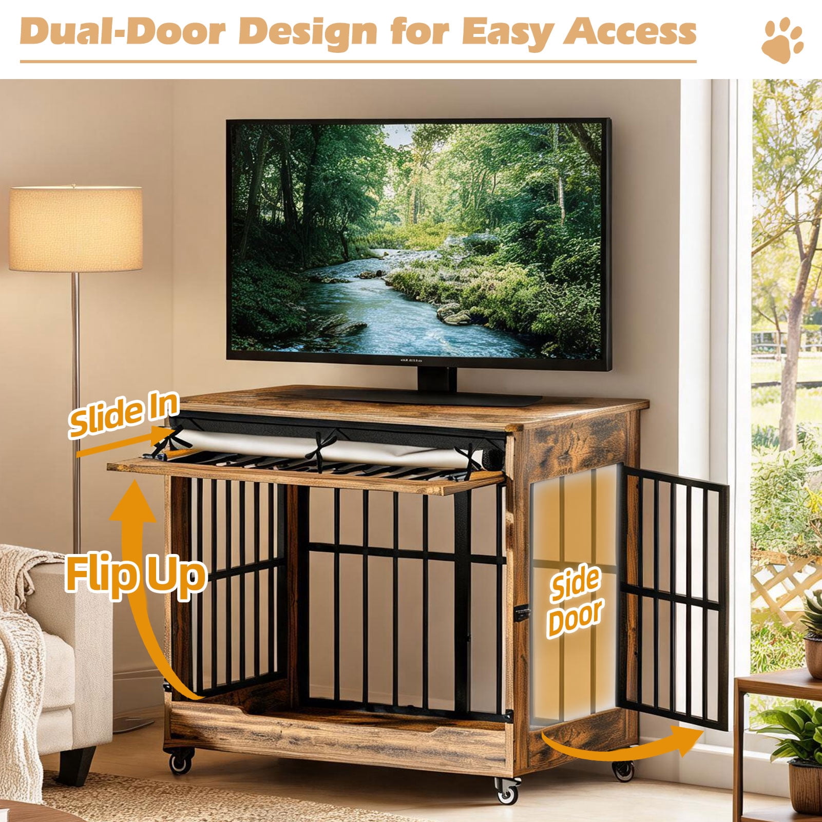 Aukfa 42.1-Inch Large Dog Crate Furniture, Indoor Dog Kennel Decorative Pet Cage End Table, Lift-Up Door, Curtain & Wheels,Rustic Brown