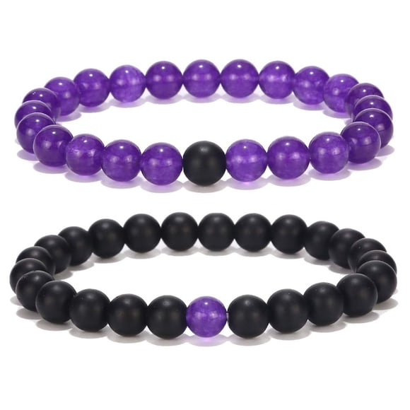 Bracelets en Pierre d'Agate Noire Mate et Violette pour Lui et Elle 8mm Bracelet Couple de Grès