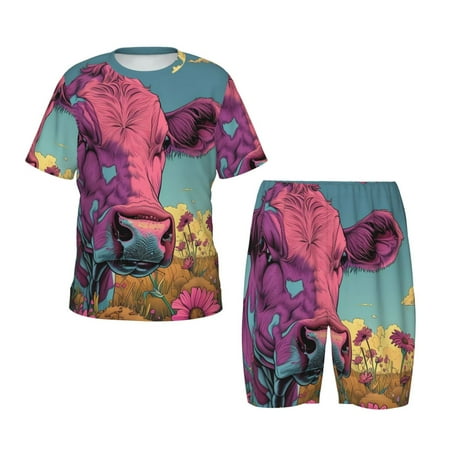 Luyuia Pink Cow In Sunflower Field Print Girls  2-Piece Tie-Dye Pajama Set  Cute Summer Loungewear with Shirt and Tank Shorts Nightwear-X-Large