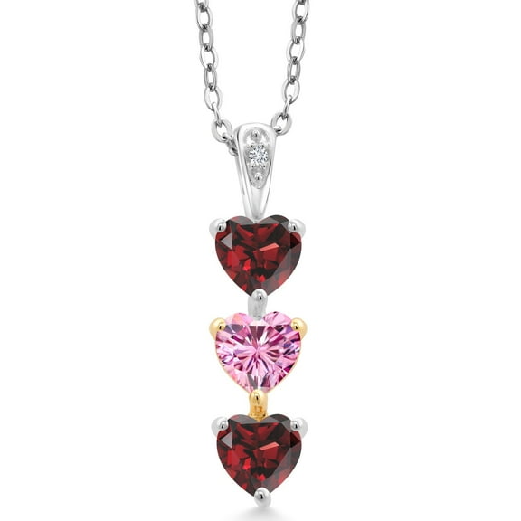 Gem Stone King Keren Hanan Lab Grown Diamond 3 Stone Heart Shape Pendant Necklace with Chain 925 Silver and 10K Yellow Gold Garnet Pink Moissanite (1.71 Cttw)