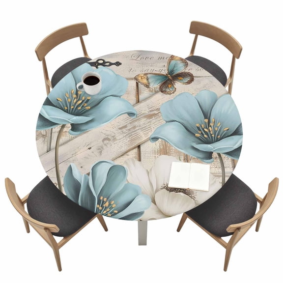 Round Fitted Tablecloth with Elastic Teal Blue Tulip Tablecloths Butterfly Farmhouses Barn Doors Patio Table Cover for Kitchen Dinner Party Picnic Decor Fits Tables up to 36"- 44" Diameter