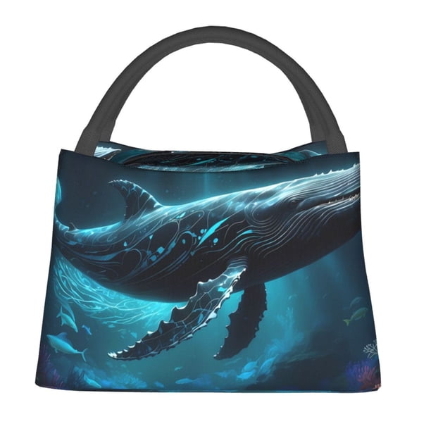 Easygdp Vintage Blue Pattern Whale Bolsa de Almuerzo Insulada Reutilizable, Bolsa de Mano y Bandolera para Oficina, Trabajo, Viajes