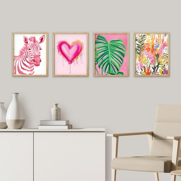 PixonSign Framed Wall Art Love and Wildlife Striped Zebra and Heart Illustrations Posters, Set of 4 Pink Preppy Room Digital Art Minimalism Colorful Canvas Prints for Home Decor - 11"x14" Natural