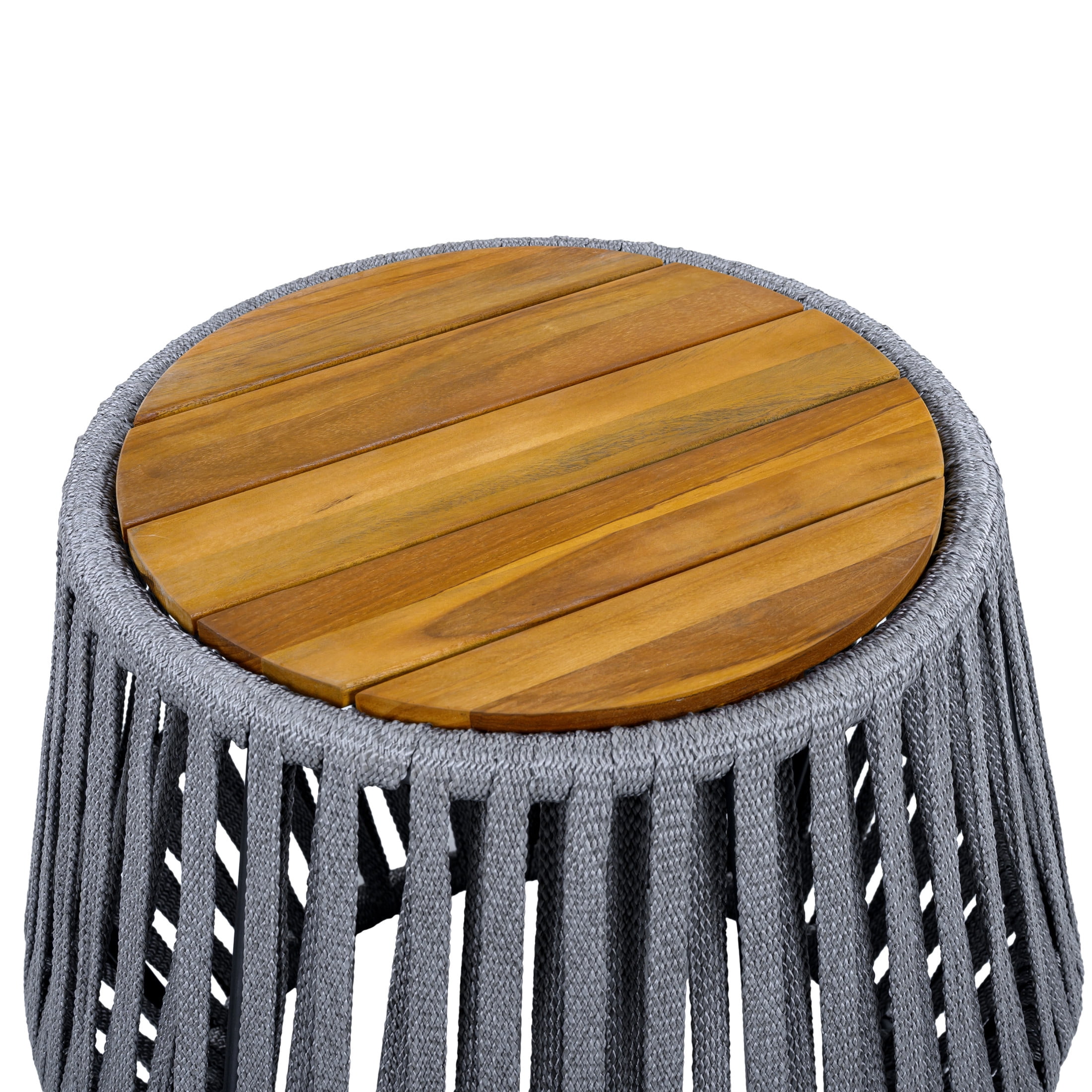 Christopher Knight Home Round Outdoor Acacia Wood Accent Side Table with Gray Rope, Teak Finish