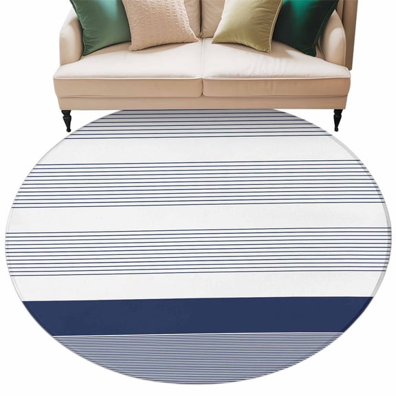 Navy Blue Stripe Large Area Rugs for Bedroom Living Room, Soft Non Slip Carpet Bedside Rug, Modern Rustic Horizontal Blue Striped Round Floor Cover Kitchen Accent Rug 6' for Dining Room/Office