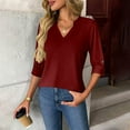 thumbnail image 2 of safuny Womens 3/4 Length Sleeve Tops V Neck Tunic Casual Blouse Solid Color Curved Hem Shirts Wine _u S, 2 of 8