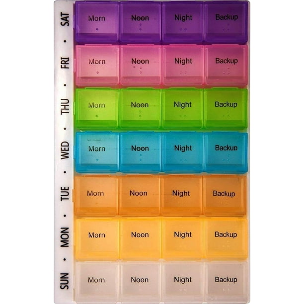 Pastillero de 7 días con 28 compartimentos, organizador de pastillas, gran capacidad para medicamentos, vitaminas, aceite de pescado y suplementos - Multicolor