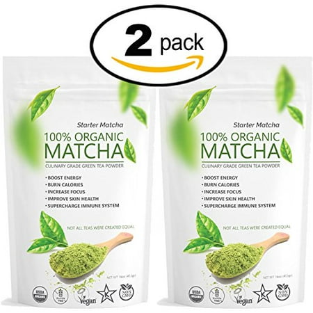 Matcha Green Tea Powder - Starter Matcha (Set of 2x 16oz) - USDA Organic, Non-GMO Certified, Vegan and Gluten-Free. Pure Matcha Green Tea Powder. Grassy Flavor with Mild Natural Bitterness and Autumn-Green color.