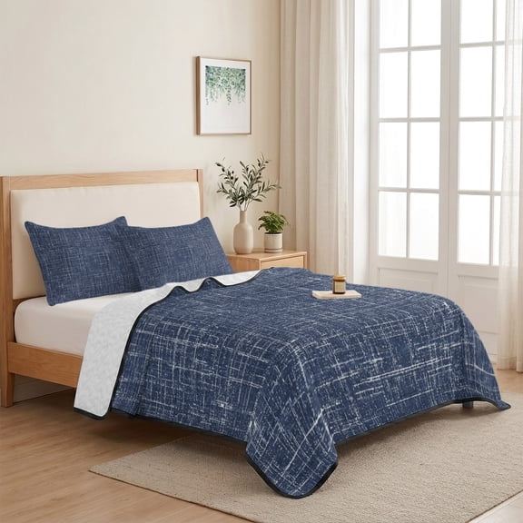 Navy Blue Twin XL Size Quilt Set Lightweight Bedspread Coverlet Set, Abstract Modern Farmhouse Solid Color Quilted Bedding Cover with 2 Pillow Shams for All Season Layering 68"x98"