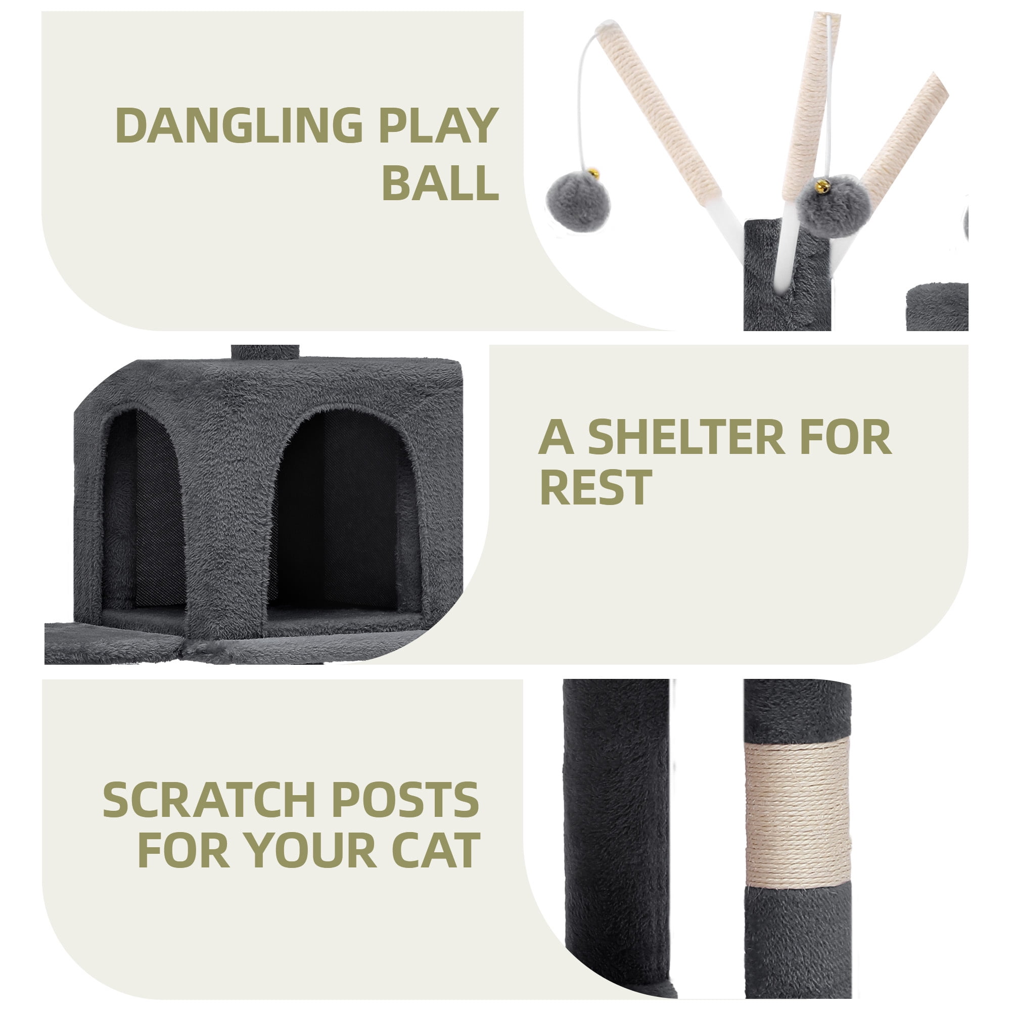 Uforic 44" Cat Tree Tower, with Scratch Posts, Condo, Hammock, Toys, Dark Gray