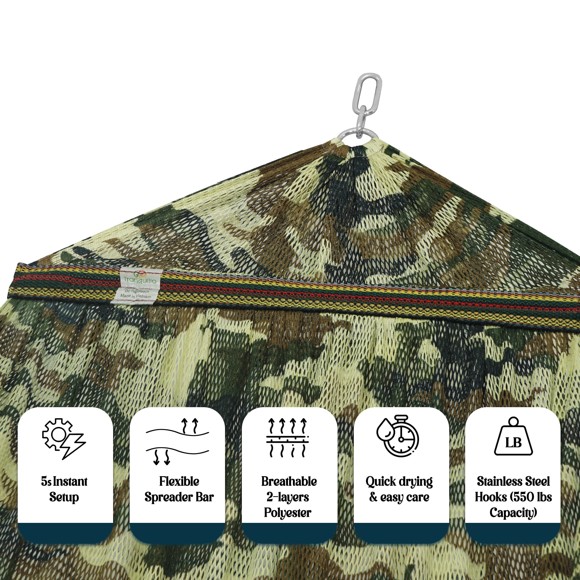 Tranquillo Uniki Double Hammock 2 Persons Polyester 550 lbs Capacity Hammock and Tree Straps, Camo