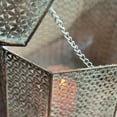 thumbnail image 3 of Moroccan Temple Lanterns, Set of 2, Hurricanes, Vintage, Petal Patterned Lattice Bellies, For LED or Wax Candles, Patina Finish Brass Metal, Hinged Top, 19.25 and 15 Inches Tall, 3 of 7