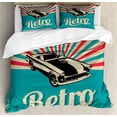 thumbnail image 1 of Cars Duvet Cover Set Queen Size, Classical American Car on Retro Striped Backdrop with Grunge Display, Decorative 3 Piece Bedding Set with 2 Pillow Shams, Sky Blue Hot Pink Black, by Ambesonne, 1 of 3