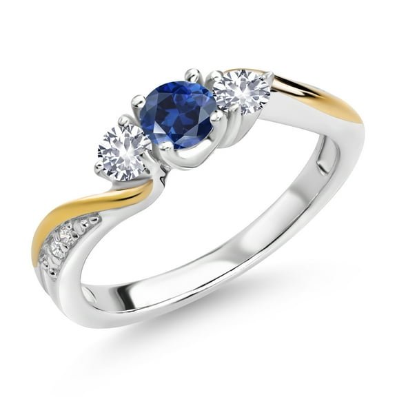 Gem Stone King 925 Silver and 10K Yellow Gold Blue Created Sapphire White Created Sapphire and Lab Grown Diamond 3 Stone Engagement Ring for Women (0.54 Cttw, September Birthstone, Size 5)