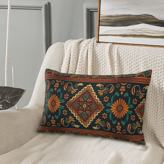 ZNDUO Rectangular Plush Cushion Cover, Traditional Antique Ethnic Flowers Pattern Non-Pilling Hidden Zip Bedroom Sofa Pillowcases, 16"x24"