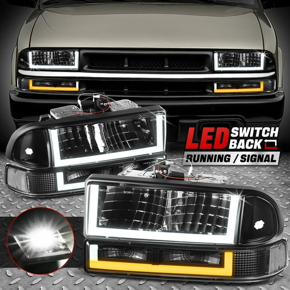 [Switchback U-LED DRL Signal] For 98-04 Chevy Blazer S10 Headlights Black/Clear