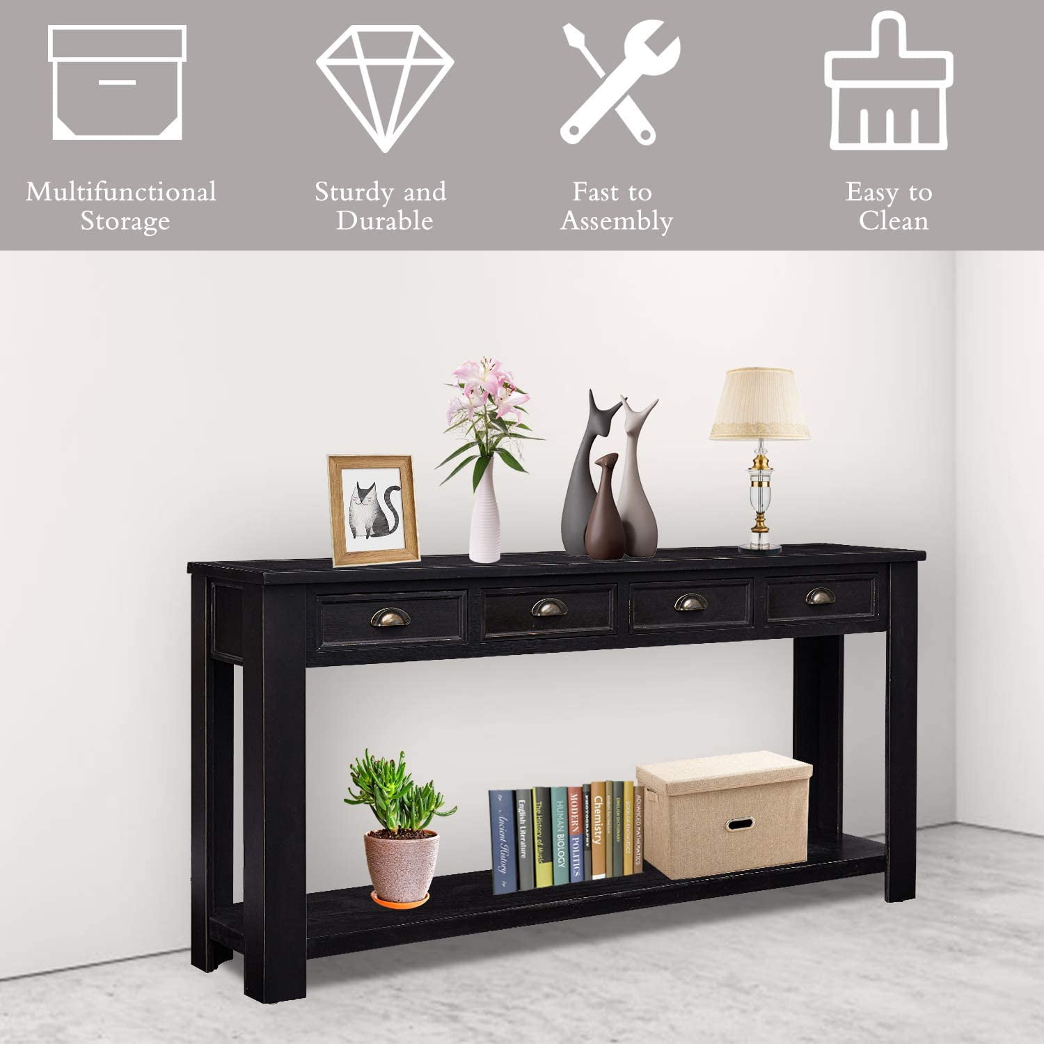 Kinbor 60'' Console Table Entryway Hallway Decoration Drawers Shelf Painted Black Rustic