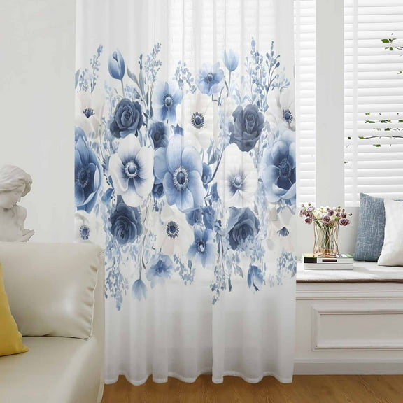 White Blue Flower Semi Sheer Curtains Drapes for Living Room,Bedroom,French Doors Window 45 Inches Long,Vintage Pastoral Floral Petals Spring Rod Pocket Chiffon Curtain Drapery Voile Draperies Panel