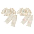 thumbnail image 3 of Miaouyo 0-4 Years Toddler Baby Girl Fall Outfits 3D Flower Smocked Ruffled Trim Crew Neck Long Sleeve Tops with Pants 2 Pcs Set, 3 of 10