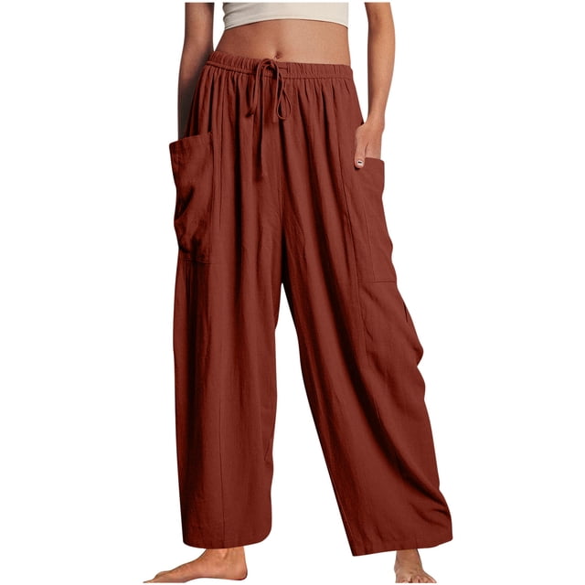 Yuyuzo Women's Wide Leg Pants Elastic Waisted Drawstring Long Pants With Pockets Ladies Solid Color Loose Lounge Trousers