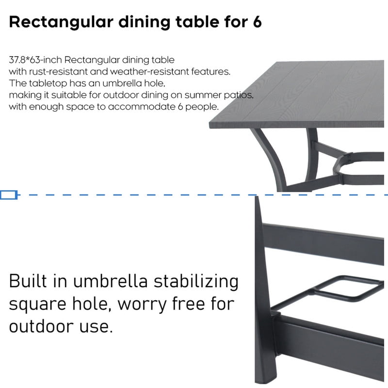 Howcool Outdoor Rectangular Dining Table w/ Imitation Wooden Tabletop, Iron Patio Table w/ Umbrella Hole