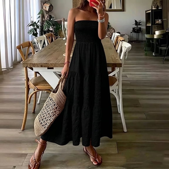 Blmnix Women's Dresses Off the Shoulder Tent Strapless Dress Dress Sleeveless Maxi Boat Neck Black Adjustable Waist Summer Dresses Casual,M