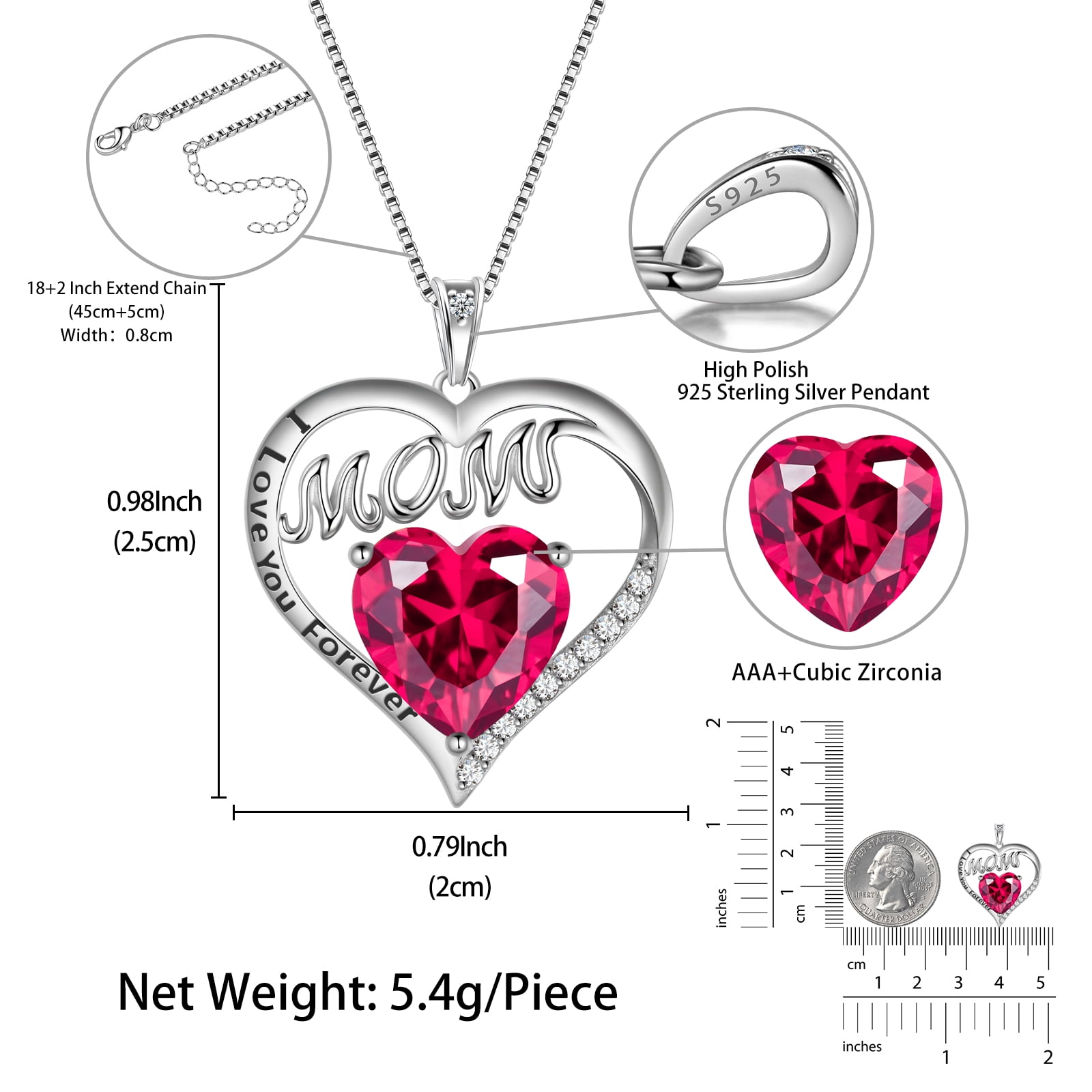 Juwaliy Mom Necklace Heart July Birthstone Necklace Ruby Red 925 Sterling Silver Pendant Jewelry Women Grandma Christmas Birthday Mother's Day Gifts