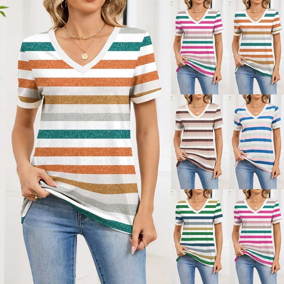 Inverlee Women's Short Sleeve Tshirts V Neck Colorful Stripe Print Tees Casual Summer Beach Lightweight Tops Pink S