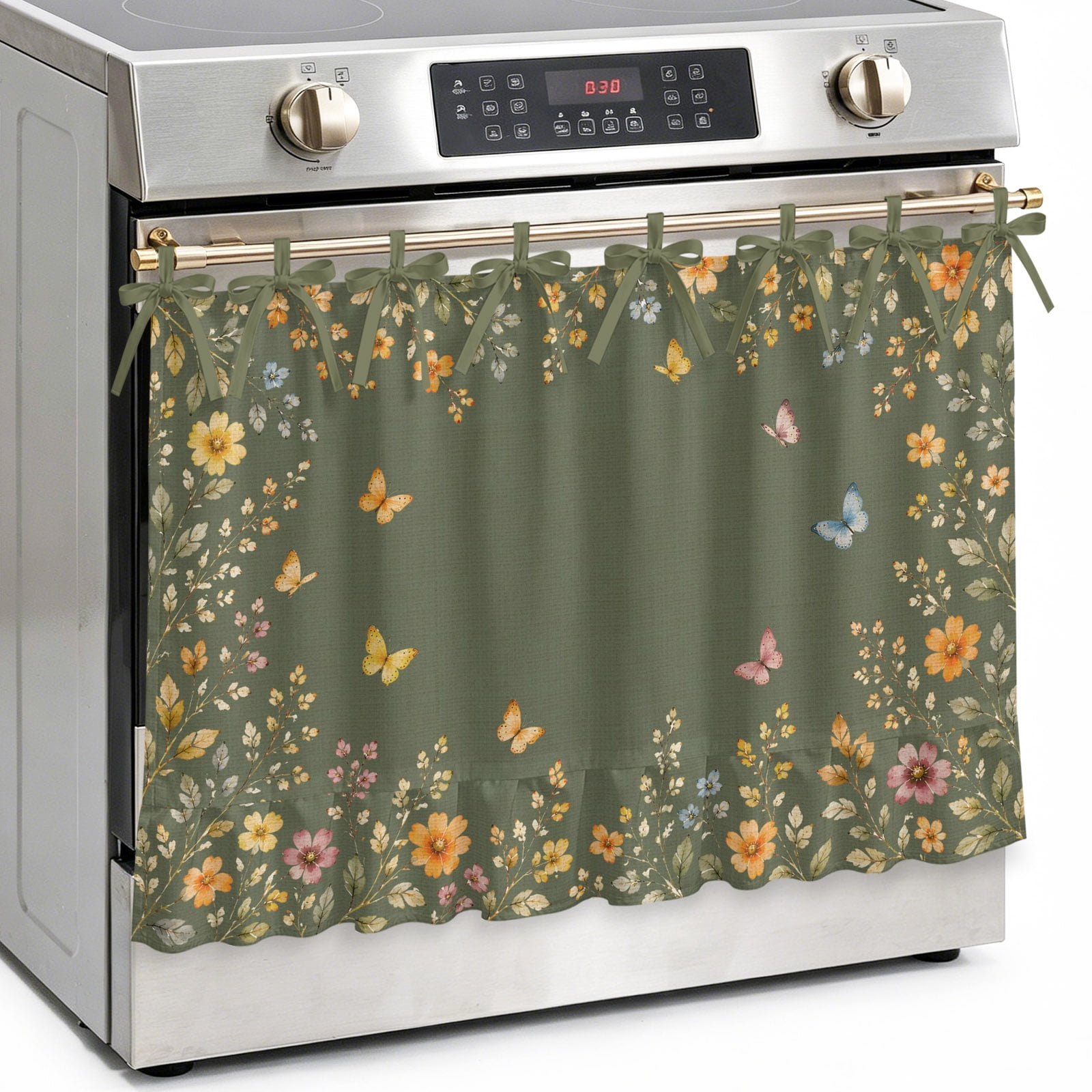 Green Spring Floral Butterfly Oven Skirt Curtain Kitchen Stove Skirt Cover with Tie Top Rustic Farmhouse Botanical Decorative Cabinet Cover Dishwasher Curtain for Farmhouse Decor 32x24 Inch