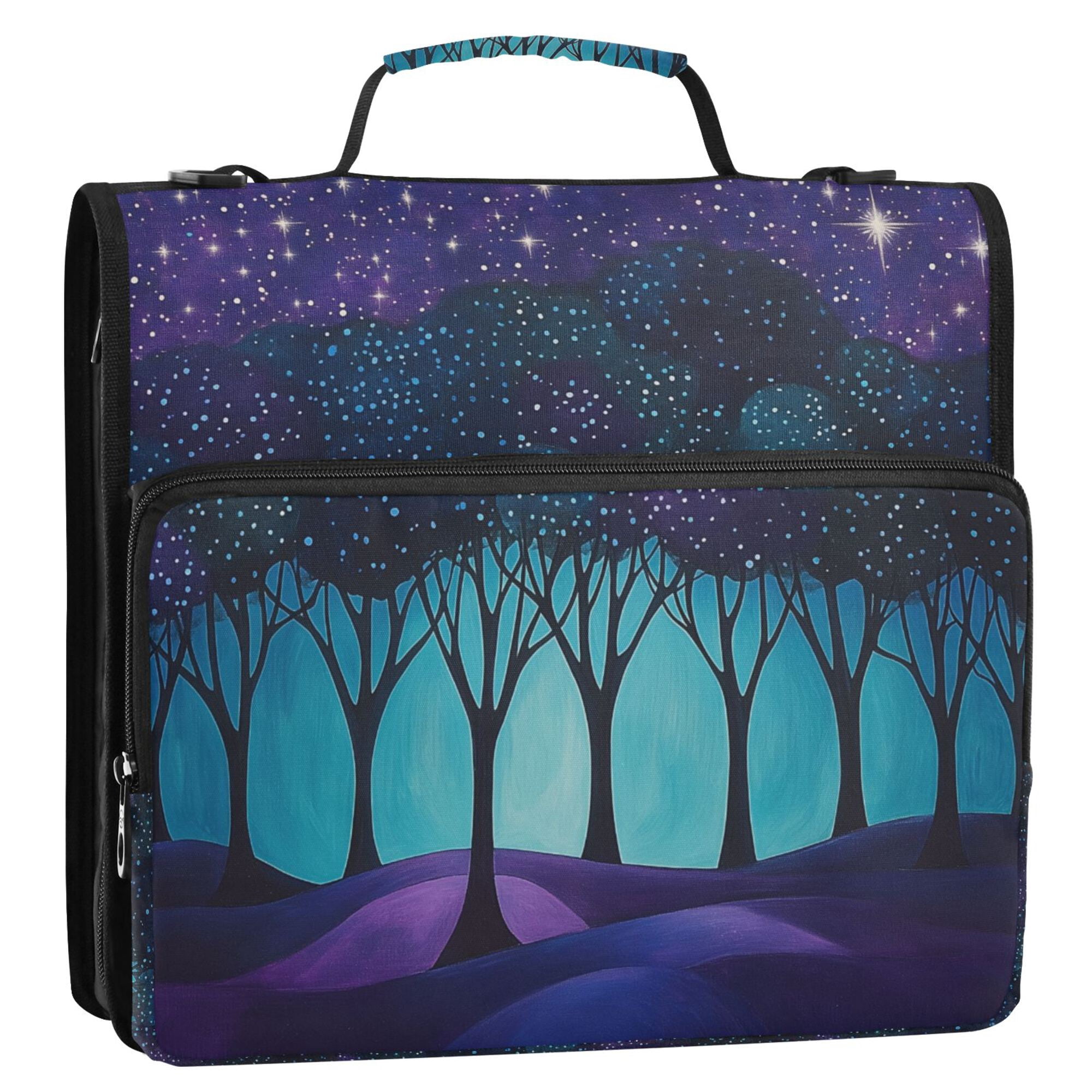 FORMRS Zipper Binder with Shoulder Strap 2-inch Ring 500 Sheet Capacity File Bag, Purple Moonlight Forest