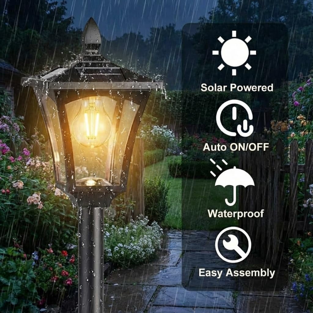 28" Solar Lamp Post Lights with Planter, Glass & Metal Street Light Outdoor Waterproof, 60 Lumens Dusk to Dawn Solar Pole Light for Garden, Yard, Driveway, Porch