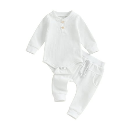 

Lieserram Infant Baby Boy Waffle Jumpsuit Outfits 0 3 6 9 12 Months Solid Color Long Sleeve Romper with Elastic Waist Pants Clothes Set