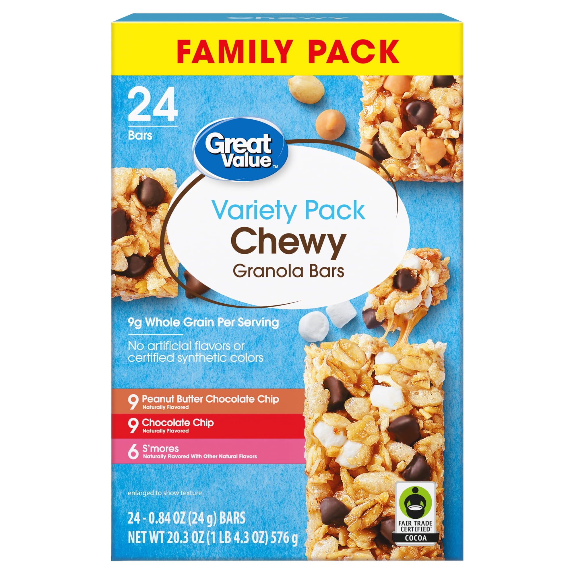 Great Value Chewy Granola Bars Variety Pack, Family Pack, 0.84 oz, 24 Count