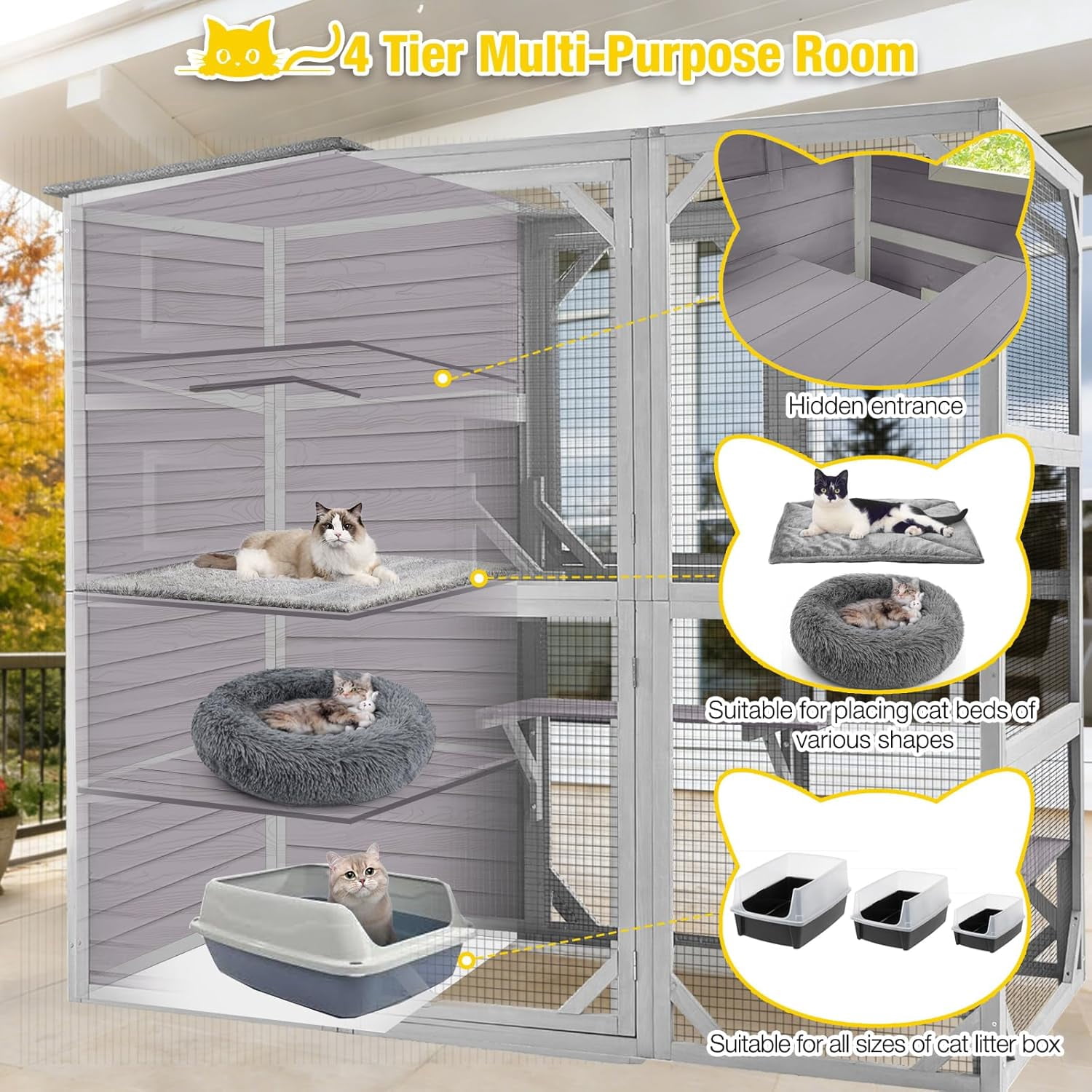 Aivituvin 70" Tall Catio Outdoor Cat Enclosure, Large Wooden Cat House with Waterproof Roof & 3-Tier Platforms, Walk-in Outside Cat Patio with Connectable Window Door for Multiple Cats (Grey)