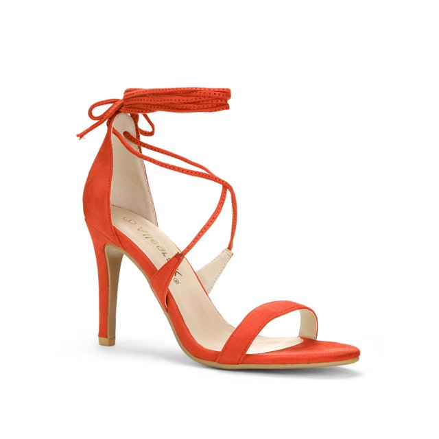 BLISSFUL STEP Chaussures pour Femmes Sandales à Talon Aiguille Haut à Bride Cheville à Nouer Bout Ouvert en Faux Suède Orange 5