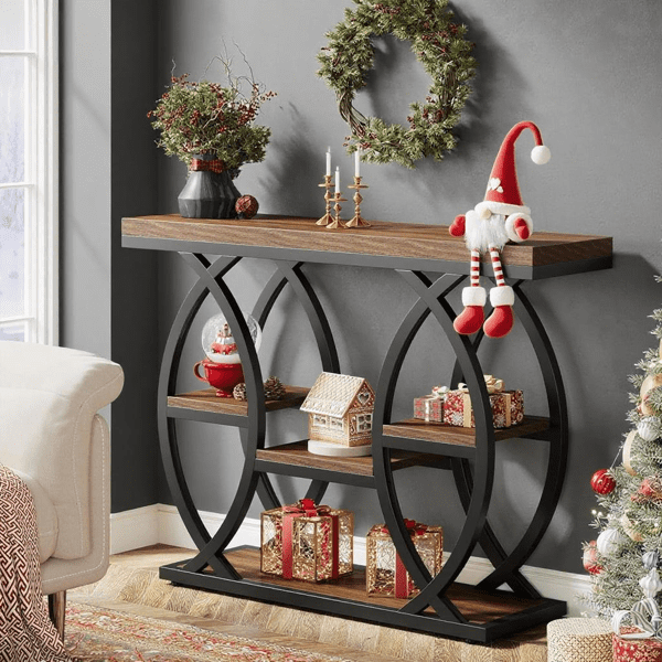 4-Tier Industrial Console Table - Rustic Narrow Accent Table with Metal Base for Entryway, Living Room & Small Spaces
