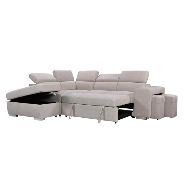 Urban Cali Pasadena Grand Sectionnel-Lit avec Ottomane de Rangement et 2 Tabourets (Beige / Méridienne Orientée à Gauche)