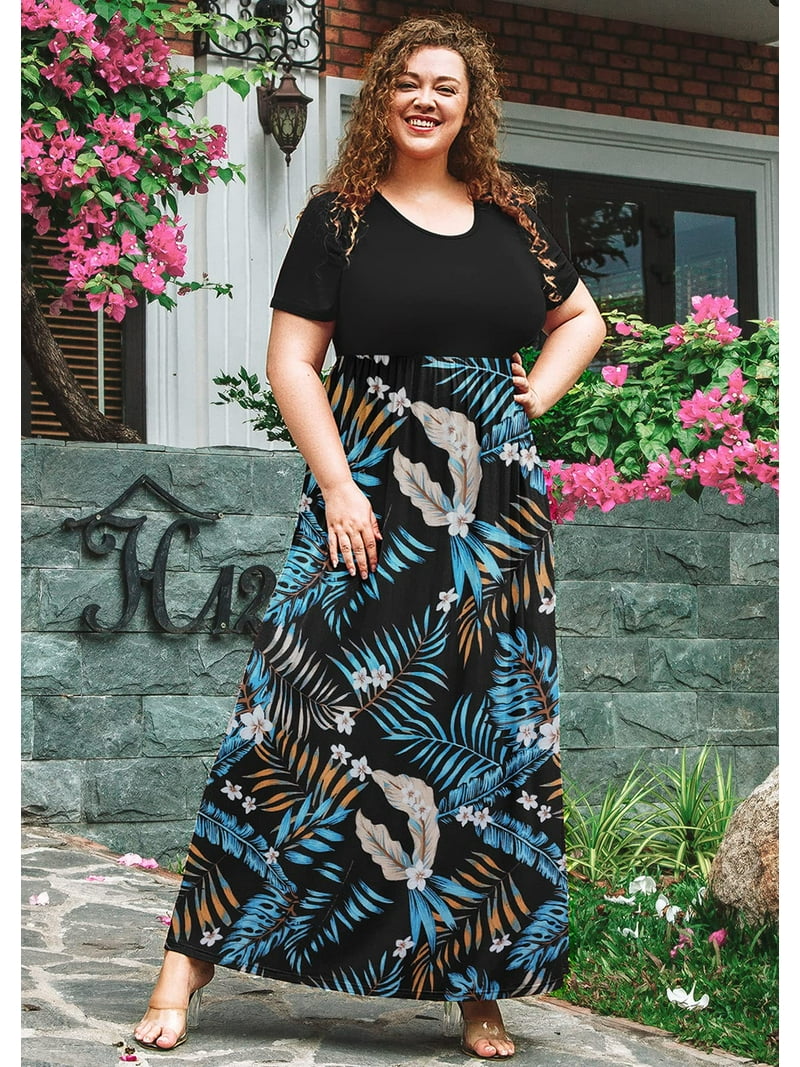 SHOWMALL Plus Size 2X Tropical Print Crewneck Long Bohemian Dress