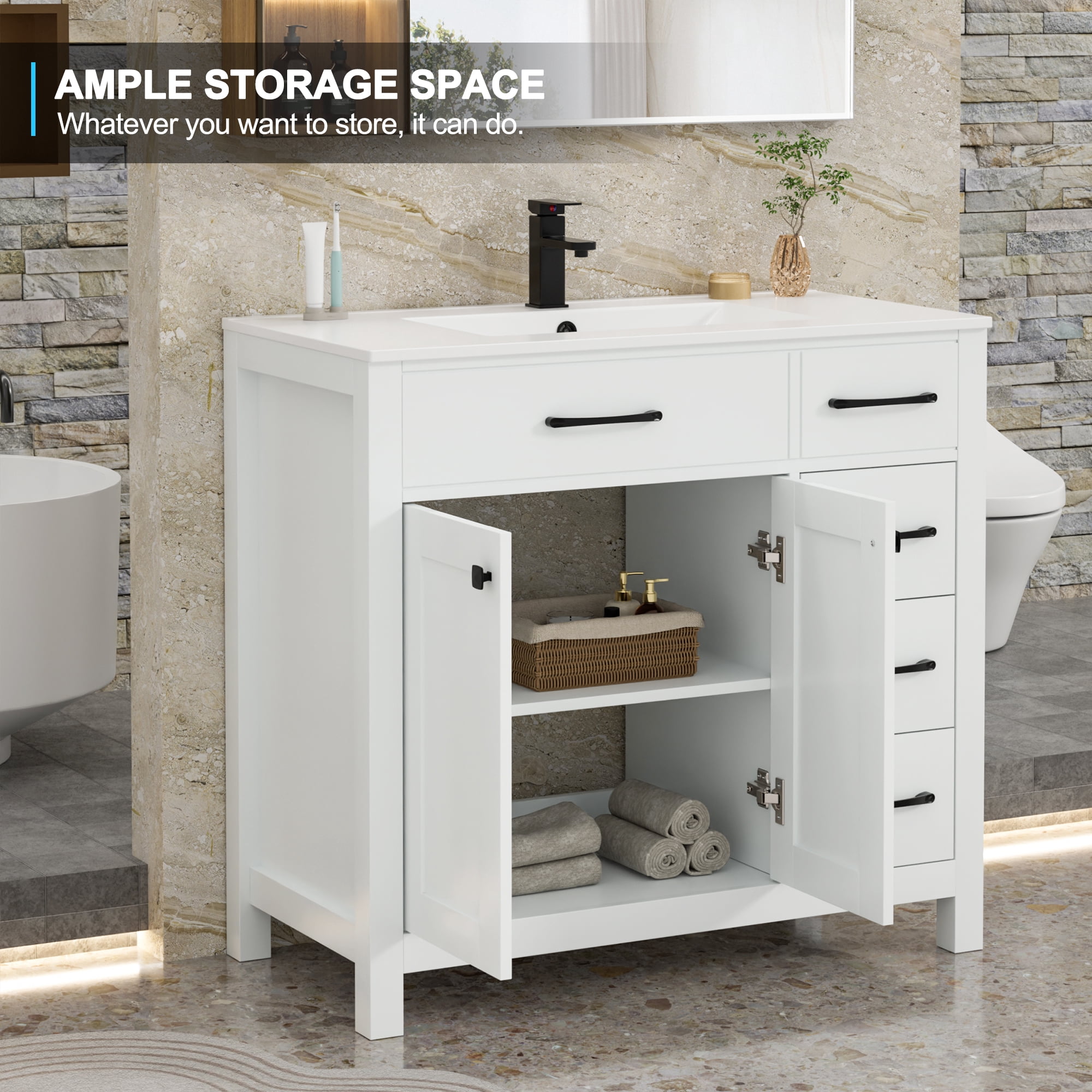 eclife 30 in Bathroom Vanity with Integrated Sink Top, White