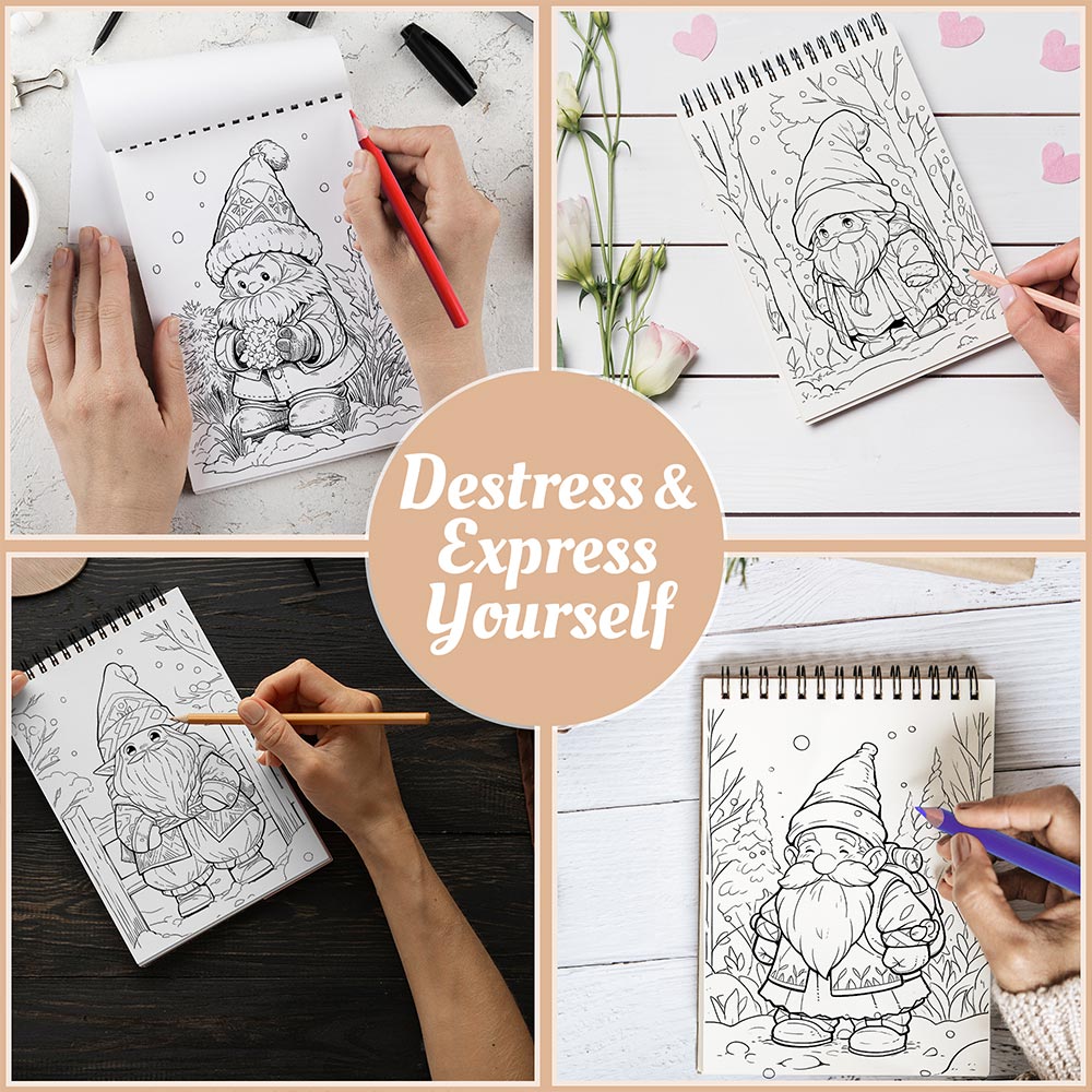 Netecom Winter Gnomes Coloring Book Spiral Bound for Adults, A5 Wooden Cover, 30 Delightful Coloring Pages of Gnomes in Winter Activities for Stress Relief and Relaxation