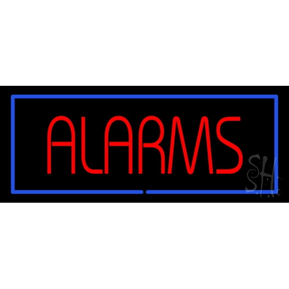 Red Alarms with Blue Border LED Neon Sign 10 x 24 - inches, Clear Edge Cut Acrylic Backing, with Dimmer - Bright and Premium built indoor LED Neon Sign for Computer & Electronics store decor.