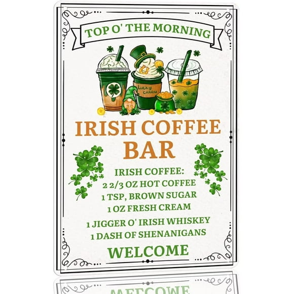 Metal Tin Sign-Irish Coffee Recipe Sign Rustic Coffee Bar Irish Coffee Sign St Patrick's Day Coffee Bar Decor Plaque for Home Kitchen Cafe Shop Signs 8x12 Inch