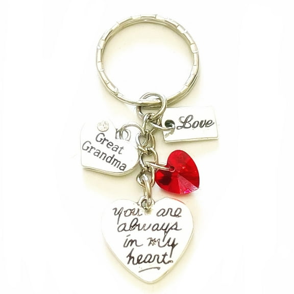 Great Grandma Silver Charm Keychain Accessories with Red Crystal Pendant You Are Always in My Heart Gift of Love | Merchandise for Women