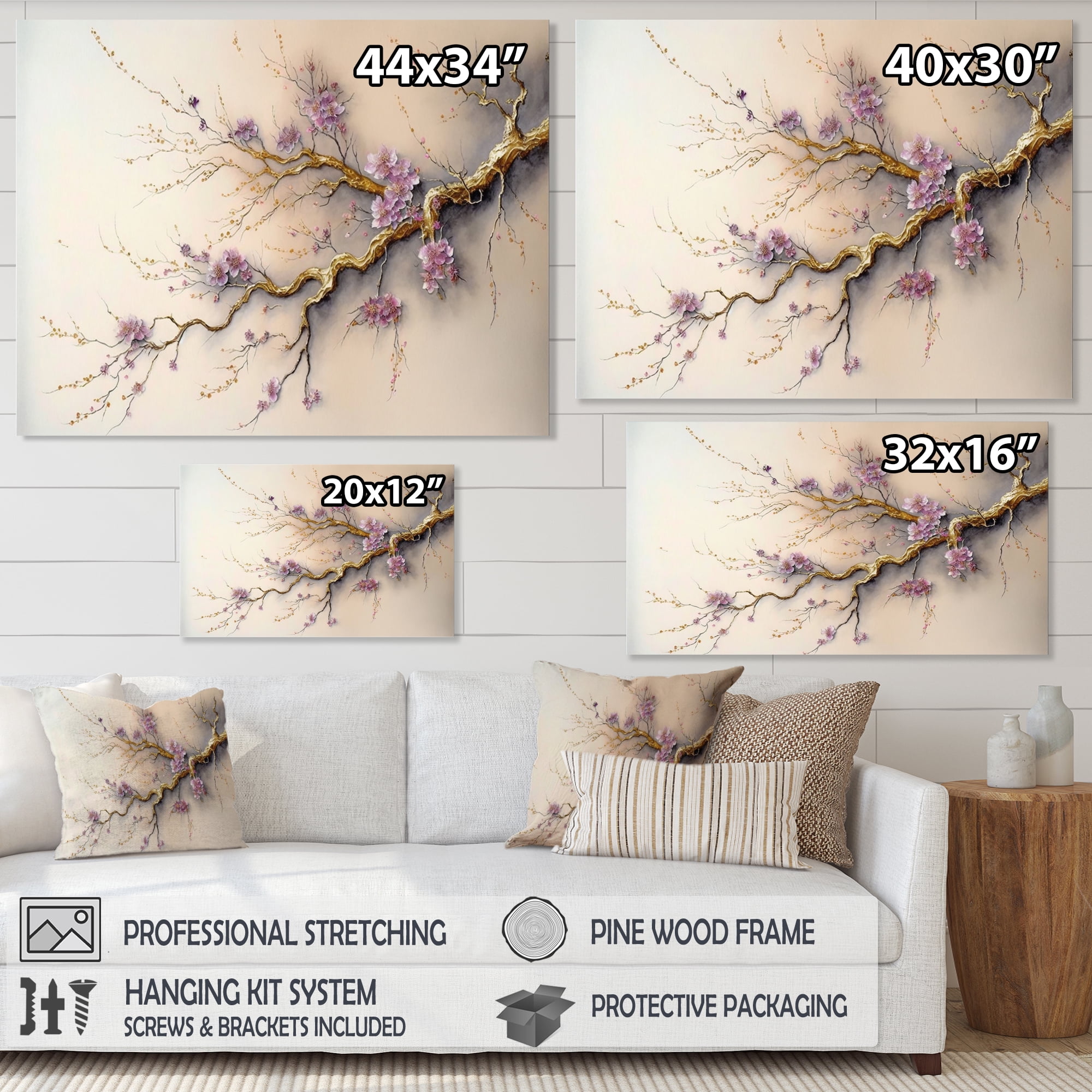 Designart Pink And Plum Cherry Blossom Branch V Canvas Wall Art