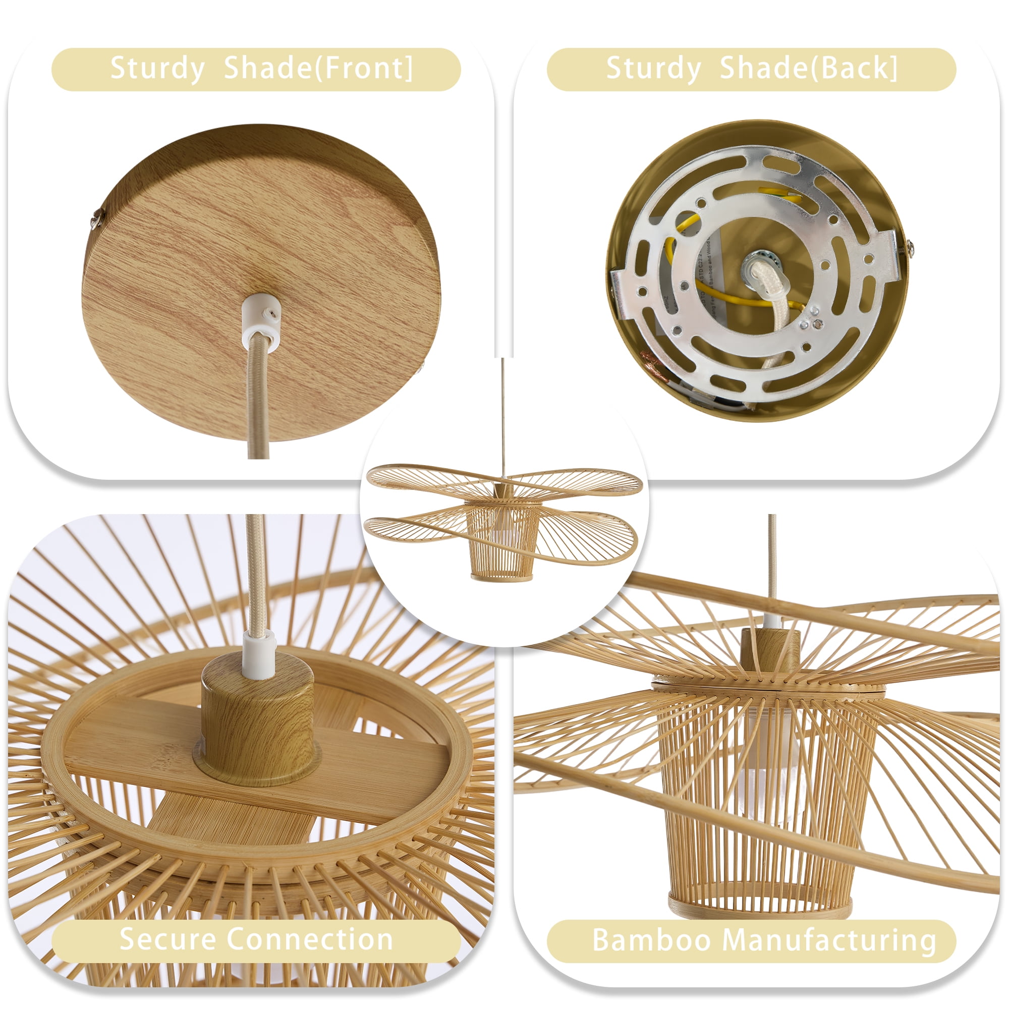 Booniture Boho Bamboo Pendant Light Fixture, Modern Natural Handmade 1-Light Black Hanging Lamp, Farmhouse Lighting for Bedroom Living Room Dining Room
