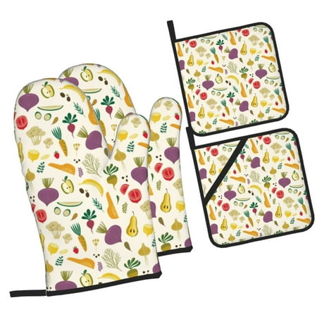 

Pofeuu Vegetable Print Oven Mitts and Pot Holders 4 pcs Set High Heat Resistant 500 Degree Extra Thicken Long Kitchen Cotton Oven Glove for Cooking