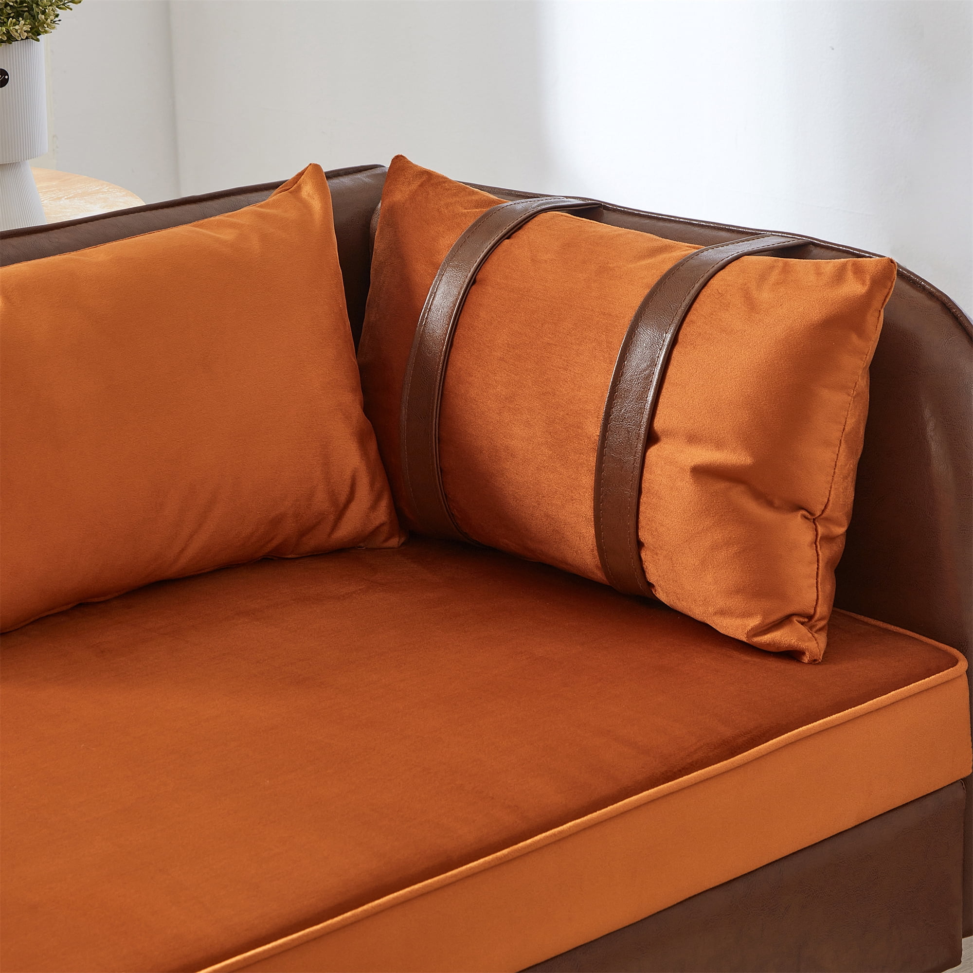 Aukfa 65" Storage Chaise Lounge Indoor Leather Sofa for Living Room Bedroom, Wooden Legs, 2 Pillows, Brown & Orange