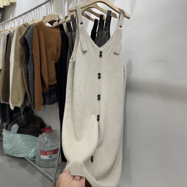 Generic Gray Knitted Suspender Skirt Dress Women's Spring and Autumn Clothes 2025 New Loose Mid-Length Sweater Suspender Skirt Outer Wear