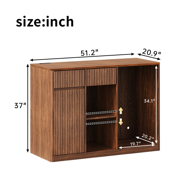 51.2"W Fluted-Door Kitchen Sideboard Buffet with Mini Fridge Nook, Freestanding Bar Wine Storage Cabinet with Charging Station